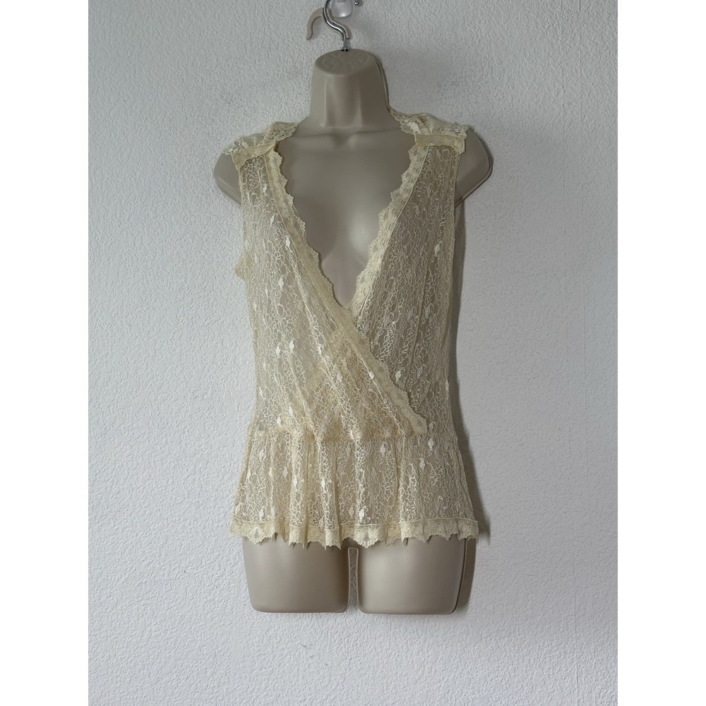 New Crown of Hearts L Pale Yellow Sheer Lace Surplice‎ Peplum Hem Coquette Layer